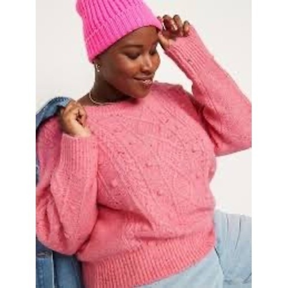 Old Navy Pink Cable Knit Pom Pom Sweater Womens Long Sleeve Crew‎ Neck